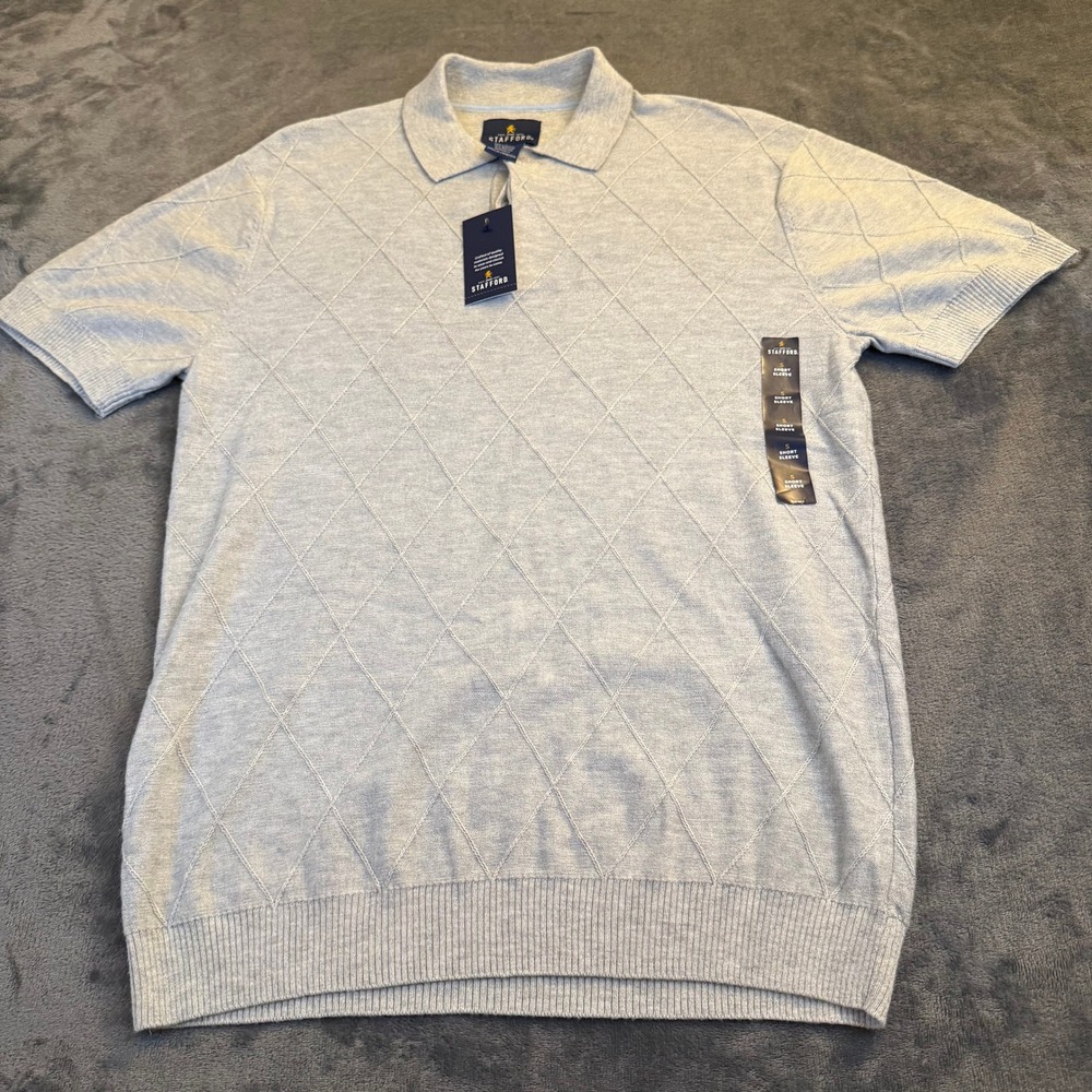 Stafford Gray Argyle Knit Polo Shirt Short Sleeve Acrylic Blend Mens Size NWT